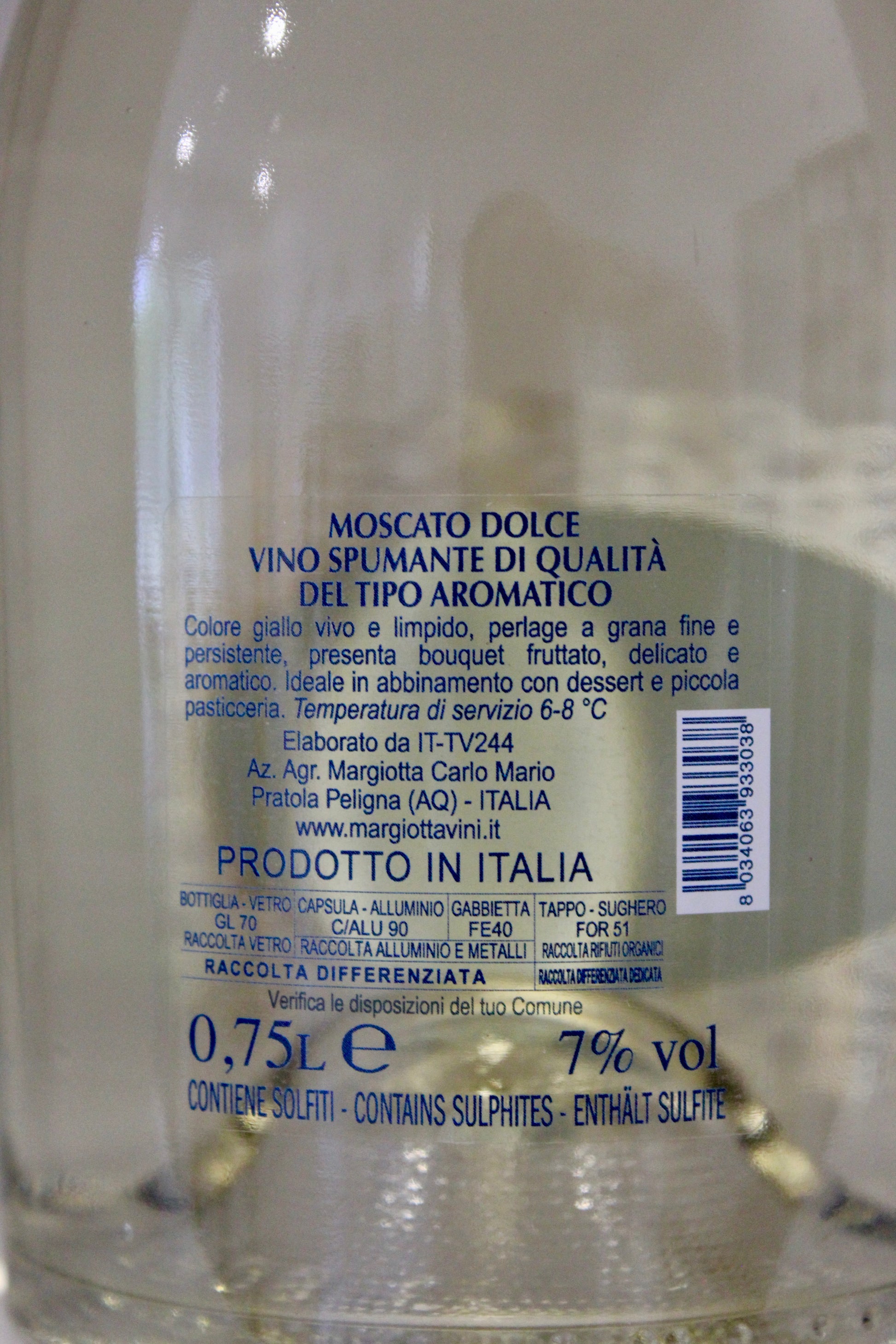 Etichetta dello spumante moscato dolce metodo charmat di Cantina Margiotta