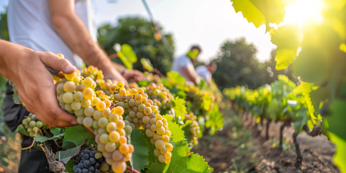 Grappoli di uva passerina e vino pecorino