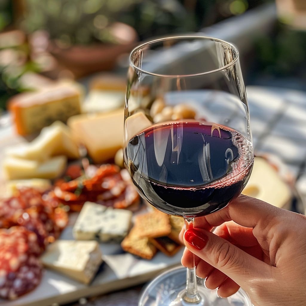 Un dettaglio di una degustazione vini in Abruzzo di Cantina Margiotta, con un bicchiere i vino e dei prodotti locali